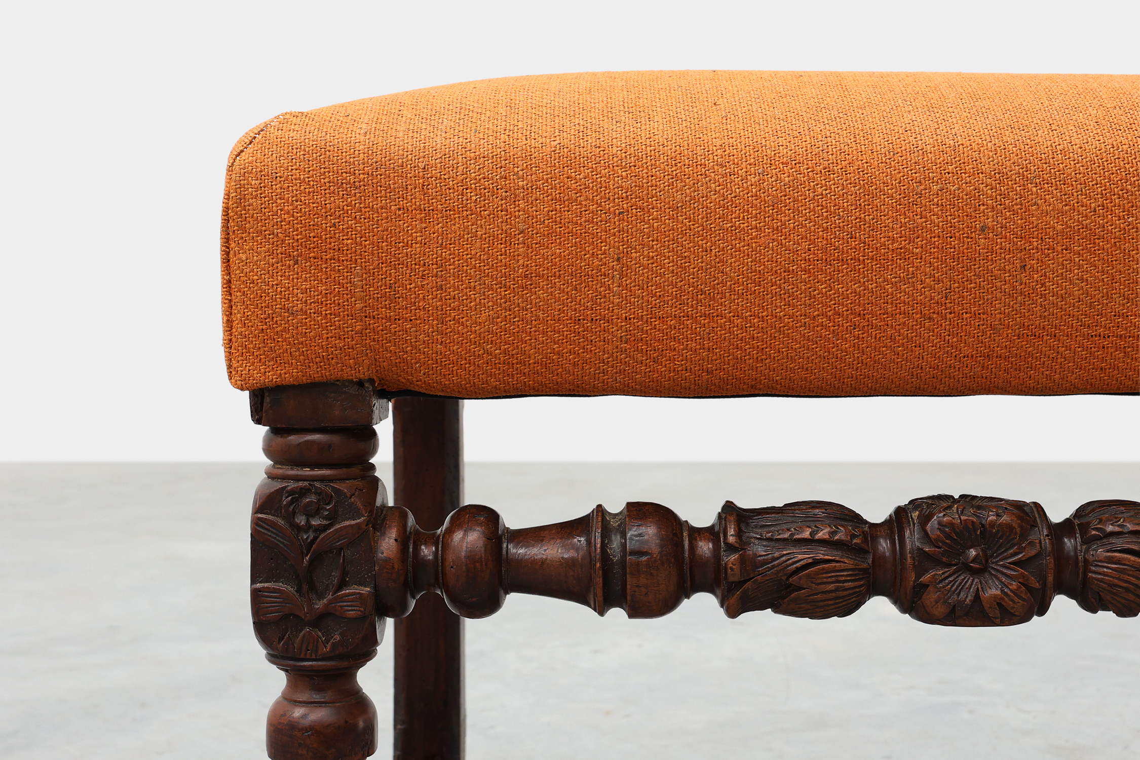 Louis XIII walnut stool with carved turned stretchers and upholstered seat, France, 17th centurythumbnail